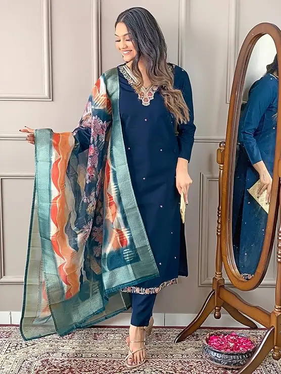 Women's Viscose Silk Blend Embroidered Straight Kurta with Viscose Silk Blend Pant and Jaquard Laced Dupatta Sets