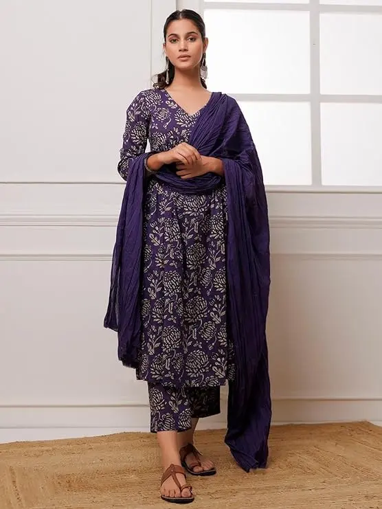Women's Rayon Blend Anarkali Printed Kurta with Pant & Dupatta